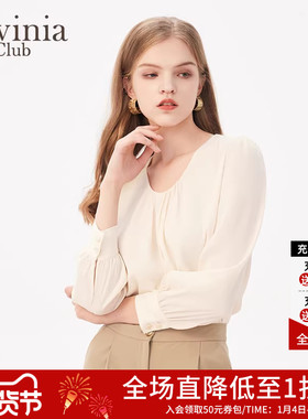拉维妮娅纯色U领衬衫女春秋新款甜美气质OL通勤上衣B41C126S