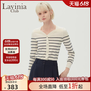 百搭羊毛衫 Lavinia 2024春秋新款 方领黑白条纹撞色修身 女I31Z114