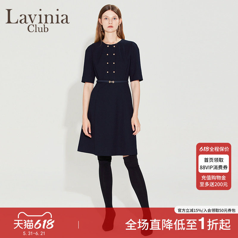 Lavinia女装春秋新款优雅圆领短袖复古气质通勤连衣裙R35L111