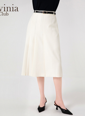 Lavinia白色简约高腰A字半身裙春新款职场通勤百褶裙Q45Q107