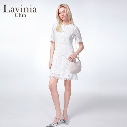 Lavinia蕾丝新中式连衣裙2025新款春装优雅气质白色短袖圆领裙子