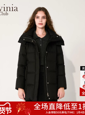 Lavinia黑色中长款羽绒服女2025冬季新款连帽立领白鸭绒保暖外套