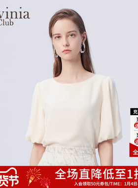 Lavinia圆领泡泡袖T恤雪纺衫女夏新款休闲舒适短袖衬衫F33C118
