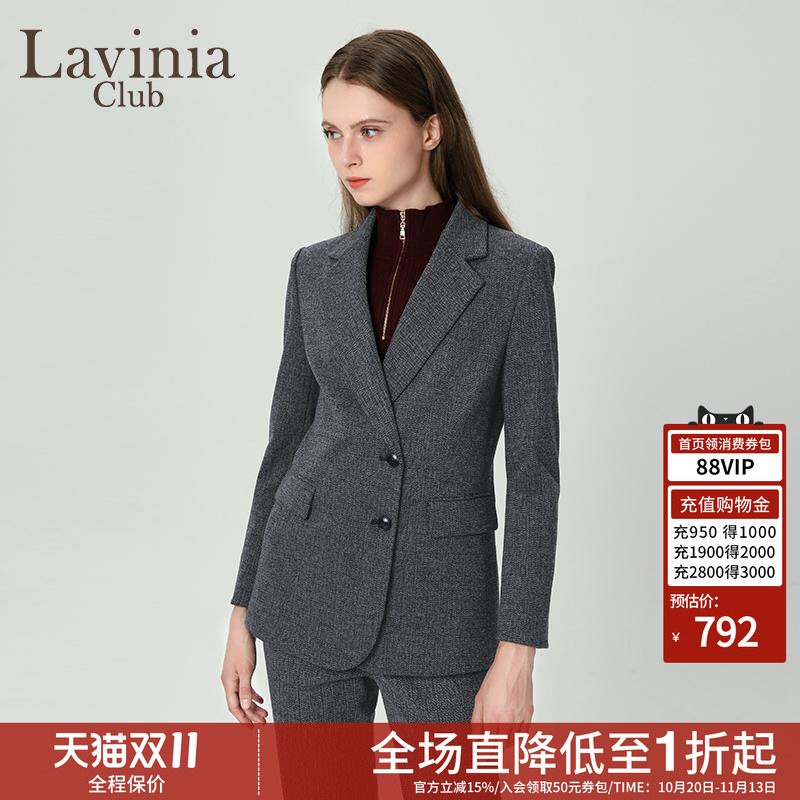 LaviniaClub/拉维妮娅秋冬新款千鸟格格雷系西装外套女保暖J47W03