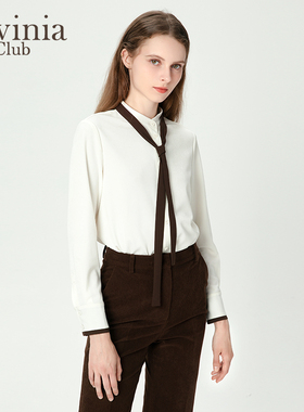 Lavinia秋季新品时尚通勤衬衫撞色飘带小立领气质上衣Q47C103