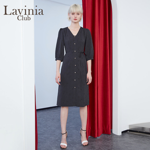 Lavinia 春秋新款v领系带通勤单排扣衬衫连衣裙女赫本小黑裙