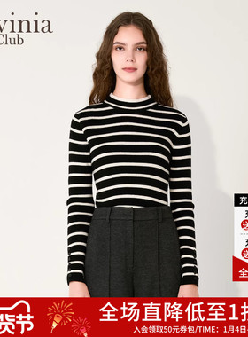 Lavinia2025秋冬新款黑白撞色半圆领羊毛混纺条纹针织衫女R47Z136