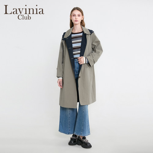 Lavinia通勤连帽撞色中长风衣