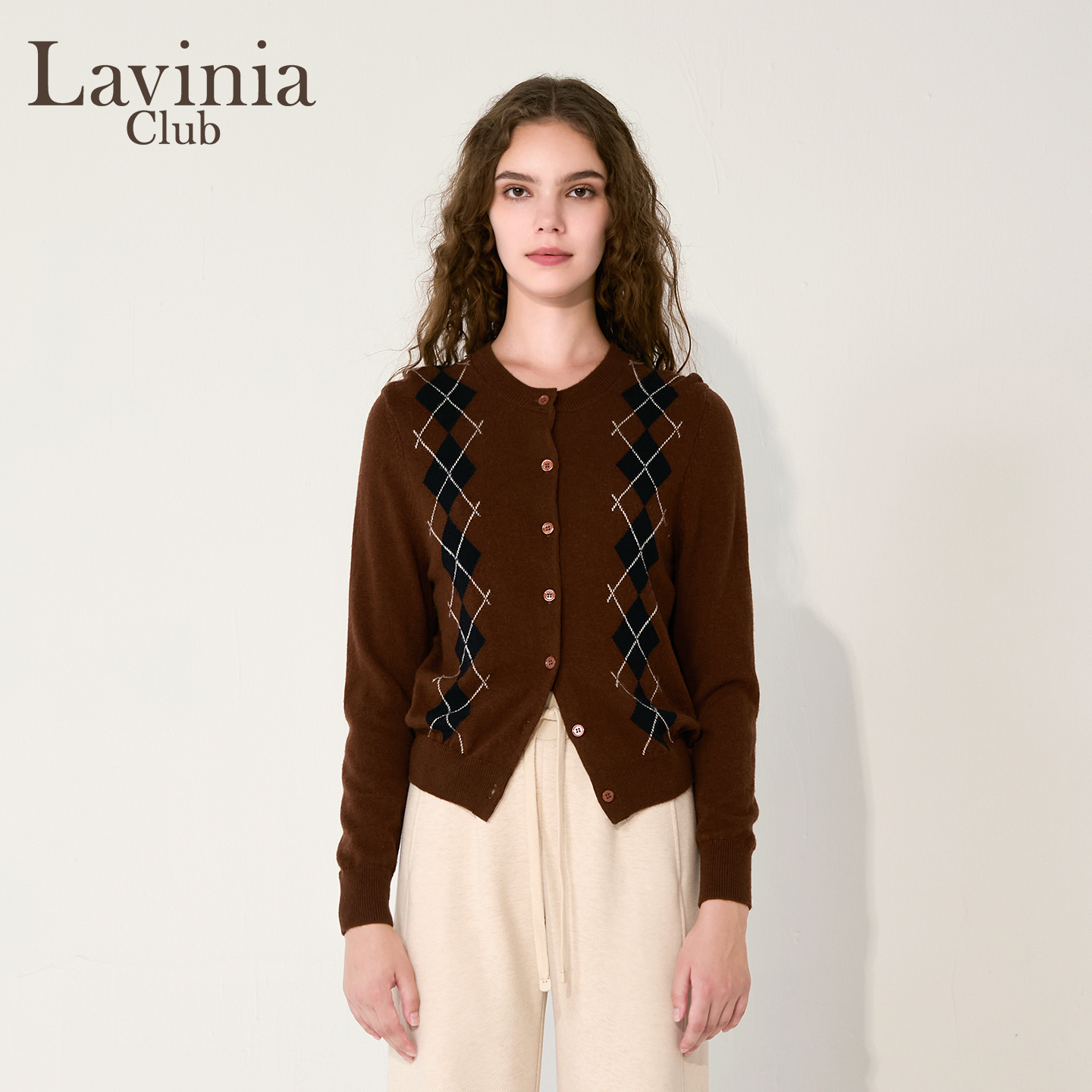 Lavinia羊毛混纺开衫2025秋新款MIU系菱形格纹复古针织衫O55Z107S