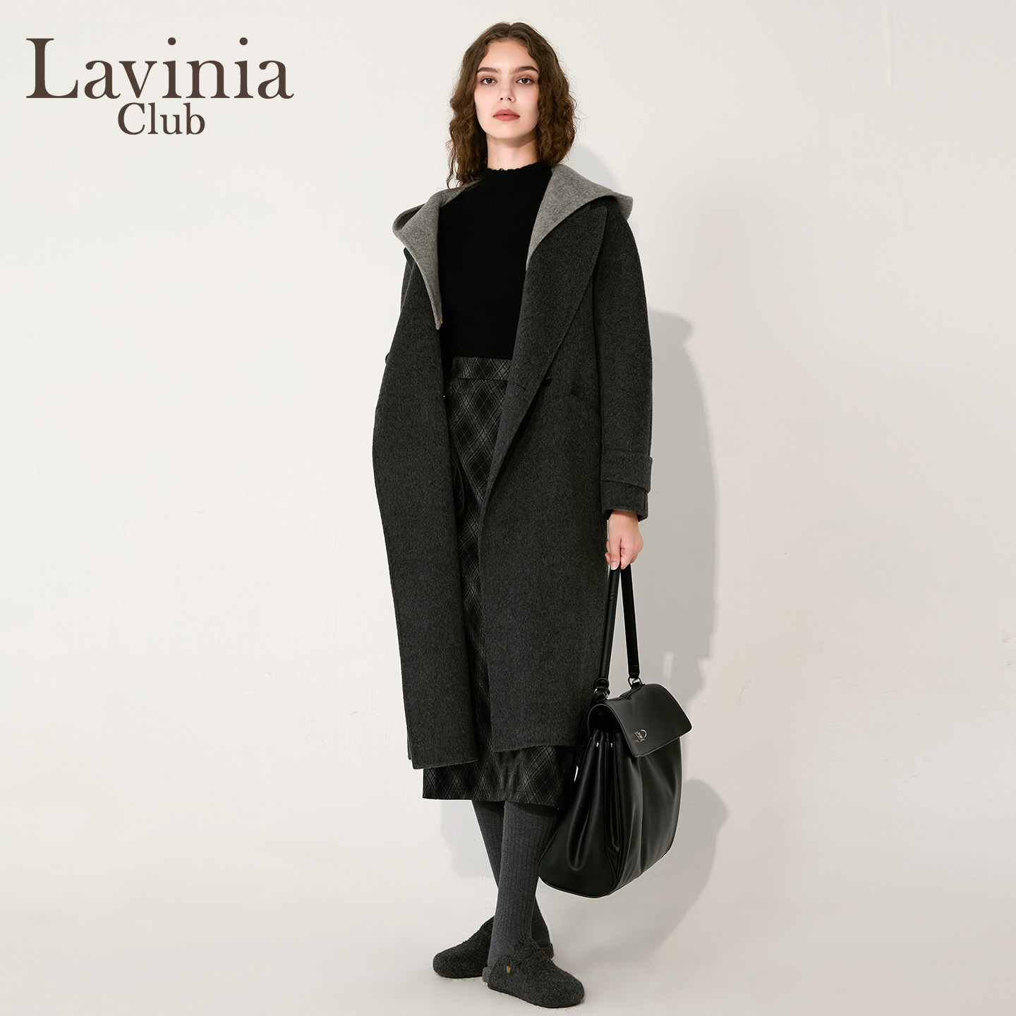 Lavinia羊毛双面呢撞色连帽大衣女2025冬新品时尚通勤外套K57D106