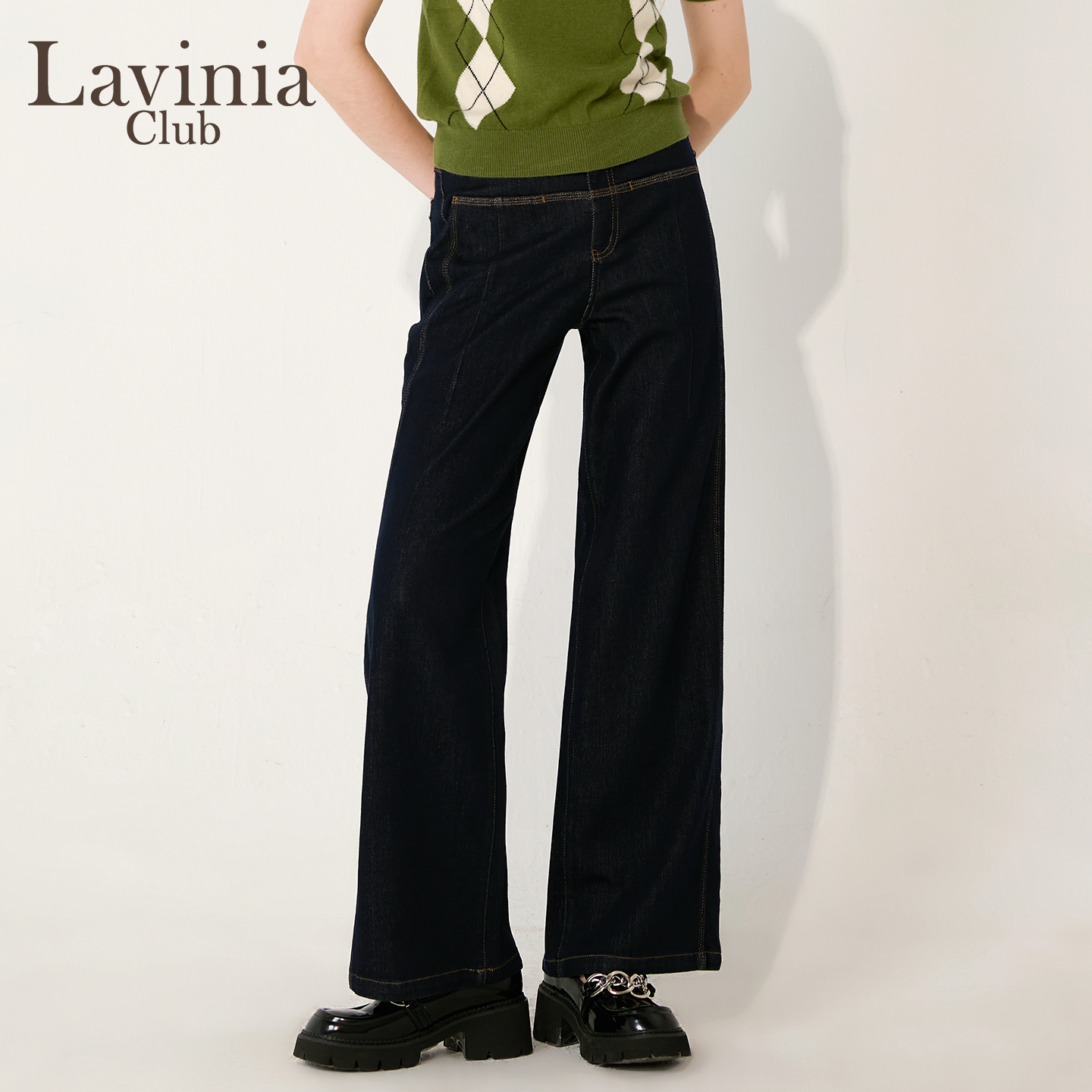 Lavinia牛仔布阔腿长裤女2025秋季新款撞色明线高腰牛仔裤Y55K103