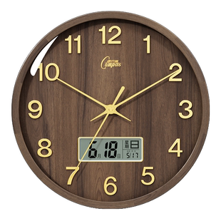 康巴丝实木钟表挂墙石英钟家用客厅新中式挂钟大气自动对时电波钟