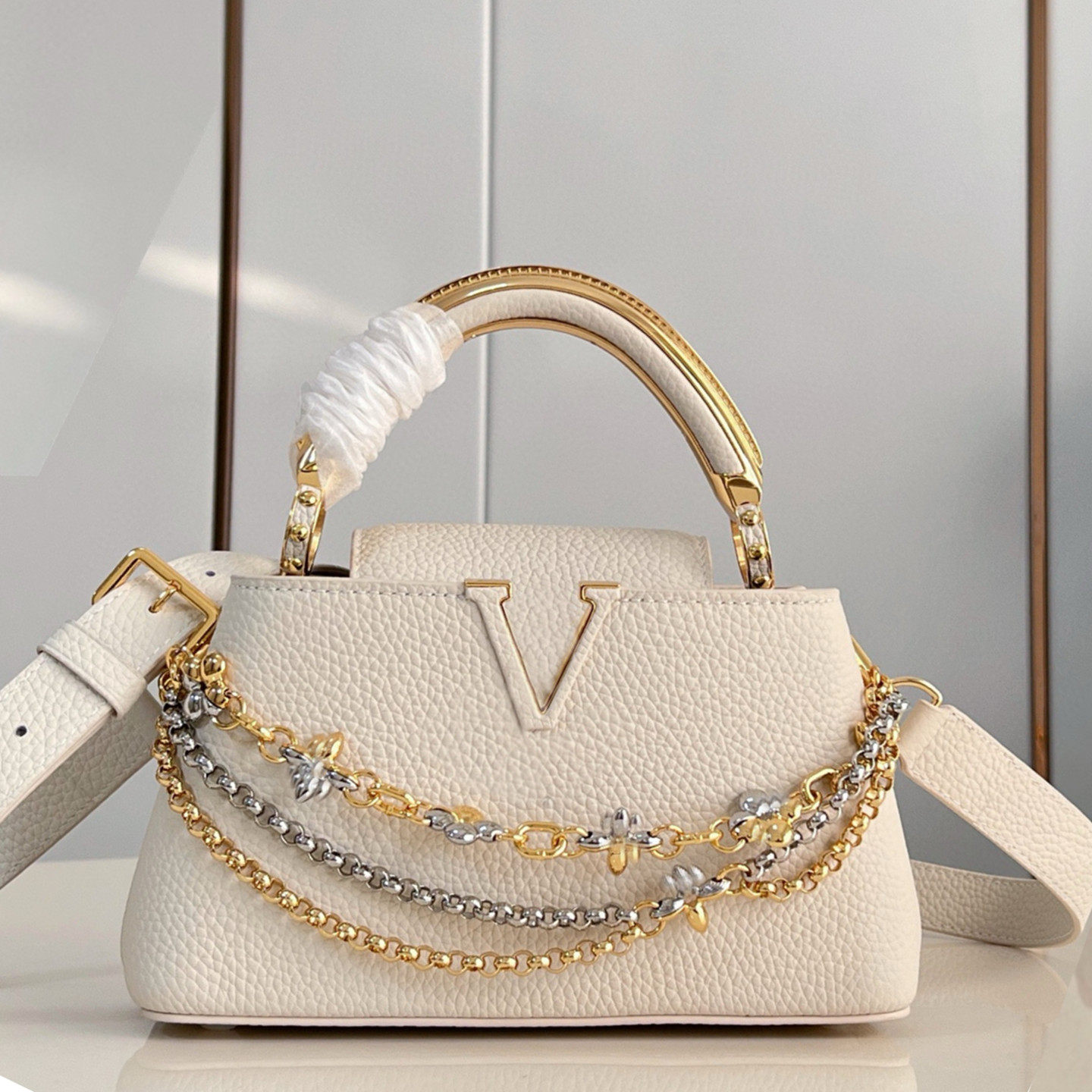 定制限量款卡普心牛皮金属手柄双链条包女士手提包迷你号26年新款