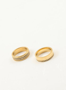 欧美跨境新款周圈镶锆石双层镶钻钛钢镀18k金戒指指环中指食指女