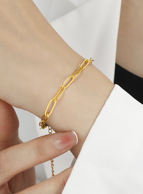 新款冷淡风日韩简约链条钛钢镀18K金手链金色百搭ins手饰素链女款