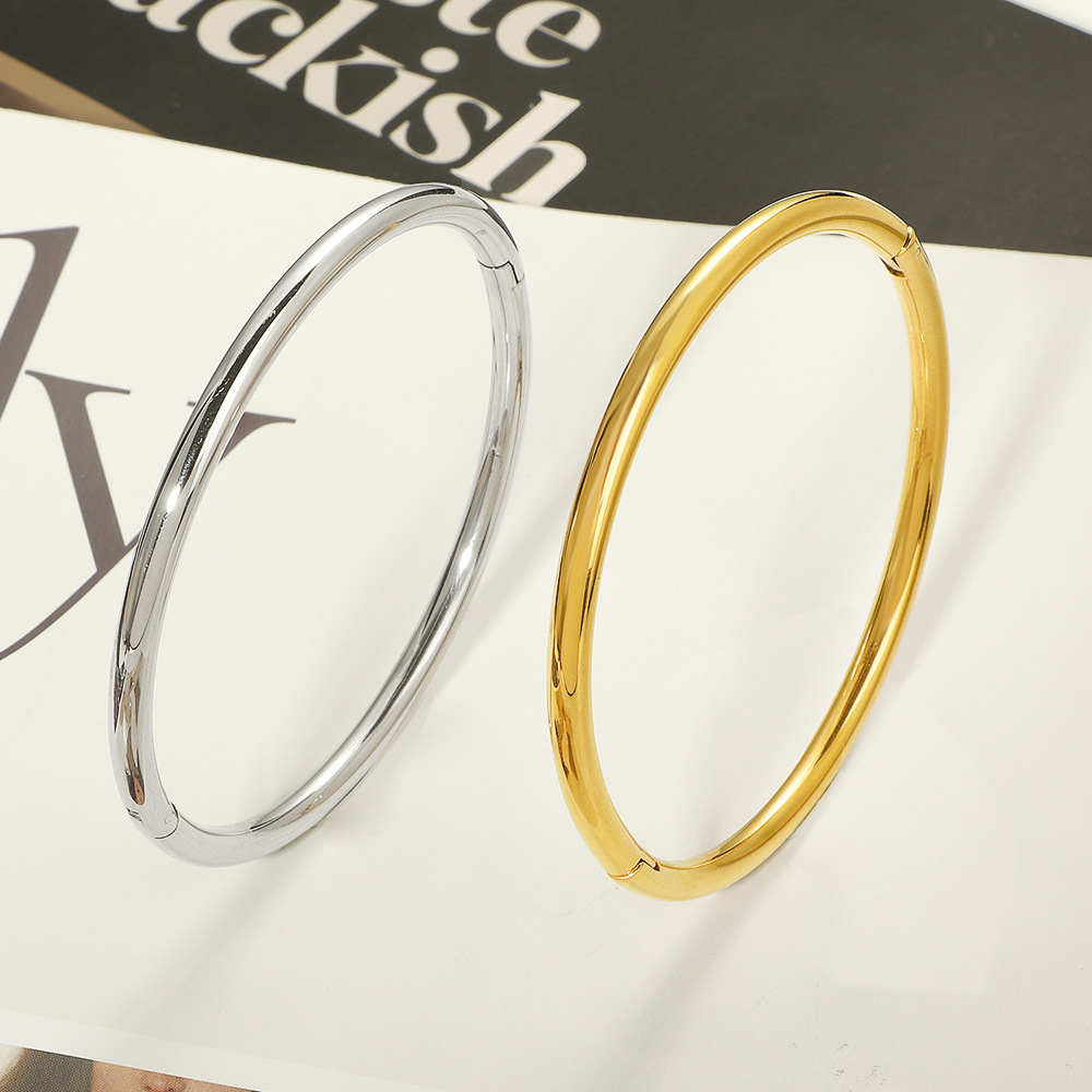 日韩时尚百搭素圈光面手环钛钢圆形简约古法镀金手镯女款气质OL风