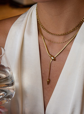 欧美新款高级感时尚金色蛇骨锆石蛇骨项链女小众轻奢锁骨链毛衣链