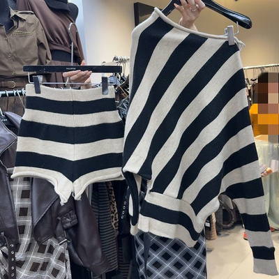 两件套/单件新款韩系慵懒风条纹斜领一字肩毛衣+格子短裤套装女