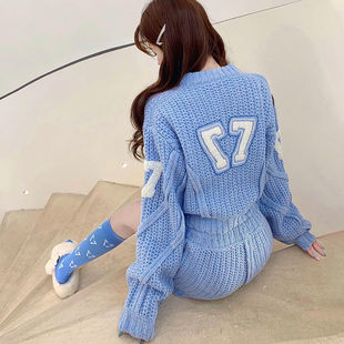 短外套 开衫 抽绳高腰短裤 宽松韩版 女 两件套 炸街套装 单件针织衫