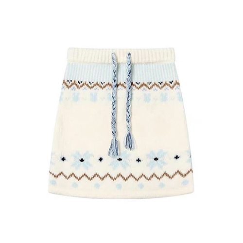 日系费尔岛风针织半身裙女雪花图案抽绳显瘦A字短裙小个子短裙