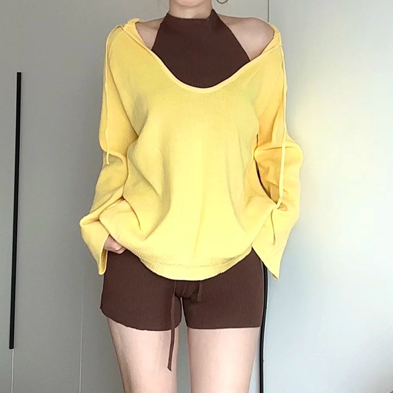 【三件套】V领连帽简约宽松针织衫罩衫+内搭挂脖背心+短裤套装女,女装/女士精品,时尚套装,淘宝优惠券,粉丝福利购,淘宝优惠卷