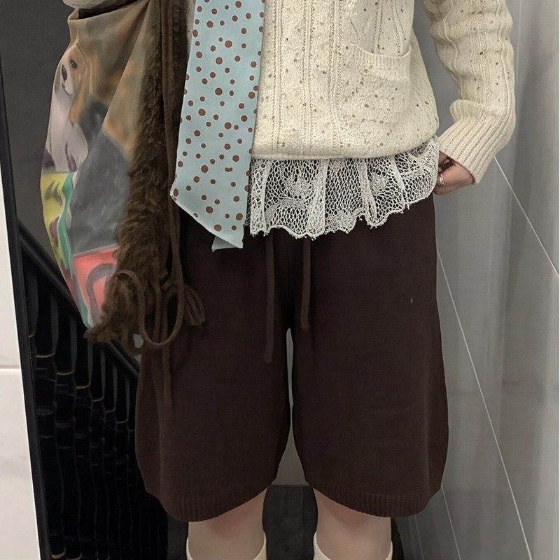 复古显瘦百搭小个子洋气针织短裤松紧腰外穿休闲裤高级感阔腿裤