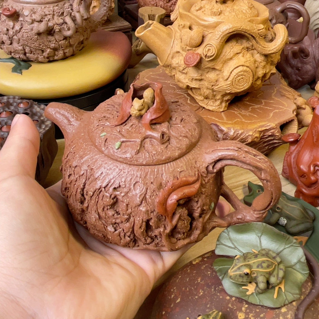 宜兴原矿紫砂精品茶具茶壶原矿紫砂名家手工松鼠树桩供春壶