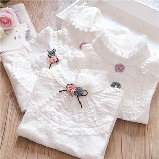 洋气女童纯棉衬衫 儿童白色花边百搭立领打底衫 T恤衫 上衣春秋新款
