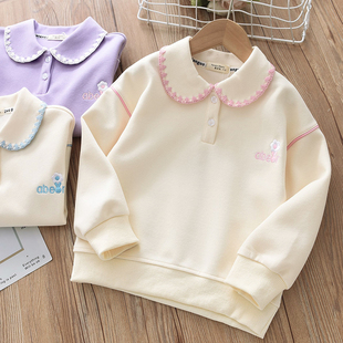 新款 2024春装 卫衣儿童翻领T恤上衣中大童刺绣打底衫 洋气女童长袖