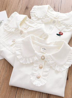 女童棉质大弹力打底衫儿童花边翻领珍珠扣衬衫洋气女孩长袖T恤衫
