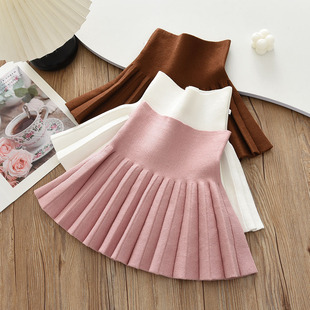 洋气女童半身裙儿童短款针织百褶高腰裙女孩冬款超短裙子黑色冬裙