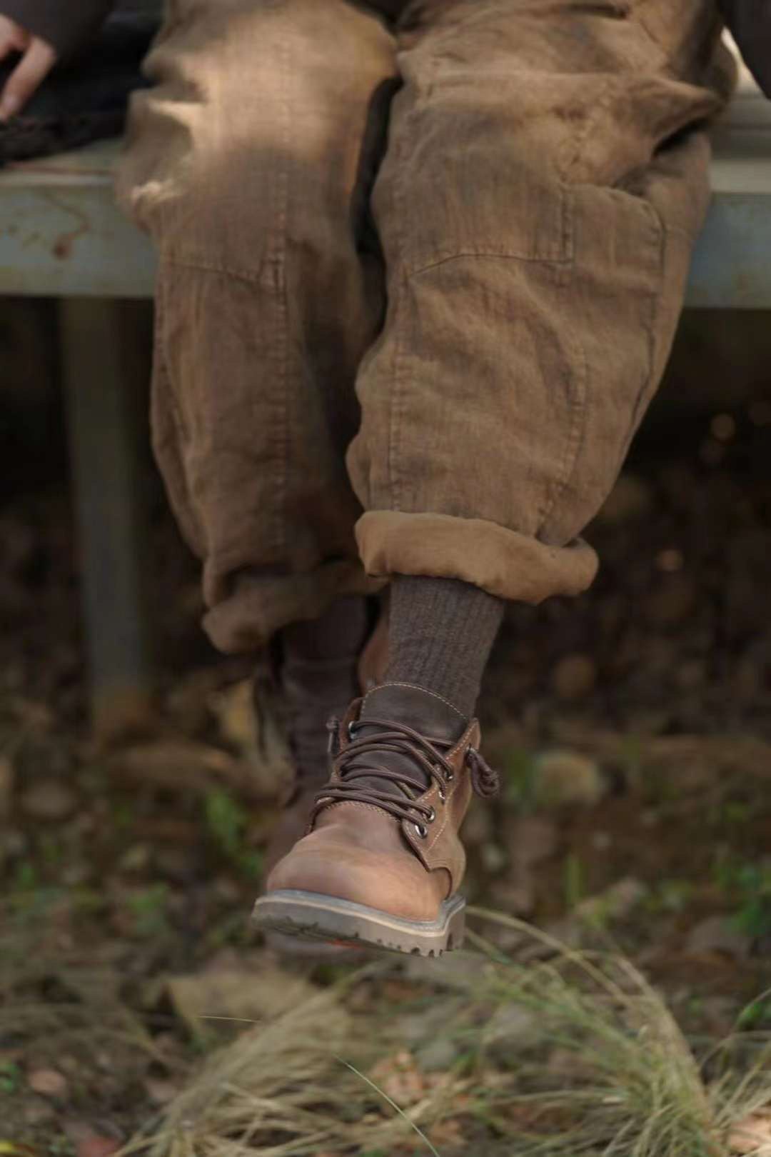 古兰木亚麻松紧腰休闲裤复古做旧色文艺舒适随意阔腿裤188195