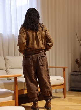 衣路走来 亚麻春季稍厚面料复古做旧文艺休闲裤粗麻裤 26583