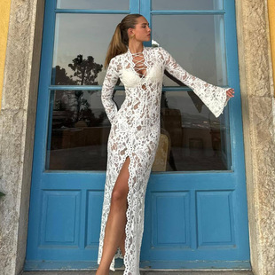街头开衩长袖 Women 连衣裙 性感辣妹蕾丝拼接时尚 新款 dress春季