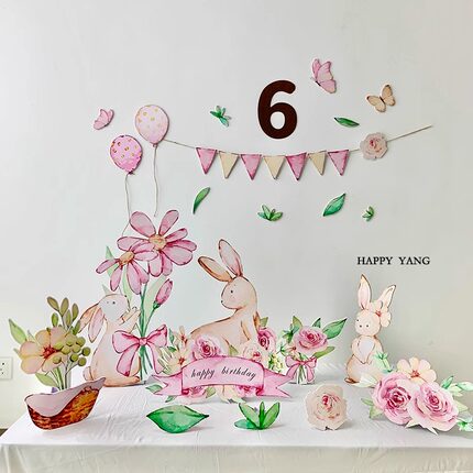 漫画风粉色小兔子动物装饰水彩免子KT板周岁生日背景场景布置儿童