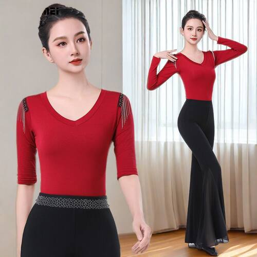 高档形体舞蹈服上衣流苏导师礼仪培训走秀修身优雅练功服女新款