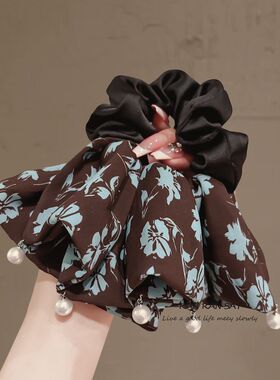 韩系皮筋假日马尾头绳慵懒女低发圈头花碎花印花裙摆复古温柔扎发