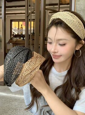 手工交叉发箍顶草编修饰打结脸型度假风高颅编织夏季清新头箍宽边