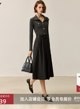 LILY新款翻领针织拼接修身黑色百褶气质淑女连衣裙A字长裙