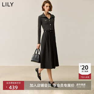 LILY新款 黑色百褶气质淑女连衣裙A字长裙 翻领针织拼接修身