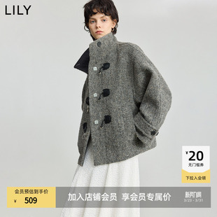 LILY2025冬新款 绵羊毛羊驼毛混纺复古老钱风高领夹花毛呢外套 女装