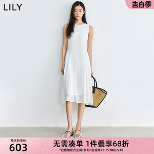 法式 气质白色高级感微褶感无袖 新品 LILY2024夏季 收腰度假风连衣裙