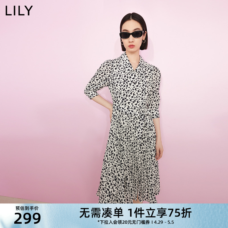 LILY夏新款女装俏皮爱心印花气质翻领复古泡泡袖高腰款连衣裙-封面