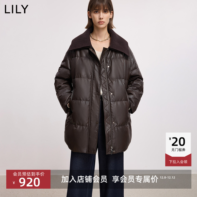 LILY通勤鸭绒中长款翻领羽绒服