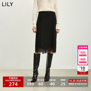 LILY2026冬新款女装复古蕾丝拼接气质通勤黑色直筒裙半身裙中长款
