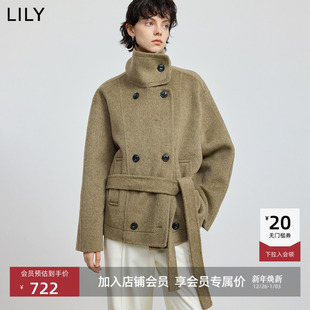 100%羊毛LILY2025冬新款 松弛感立领腰带休闲双面呢毛呢外套女 女装