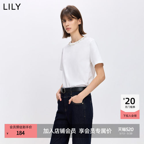LILY纯棉钉珠女装圆领简约T恤