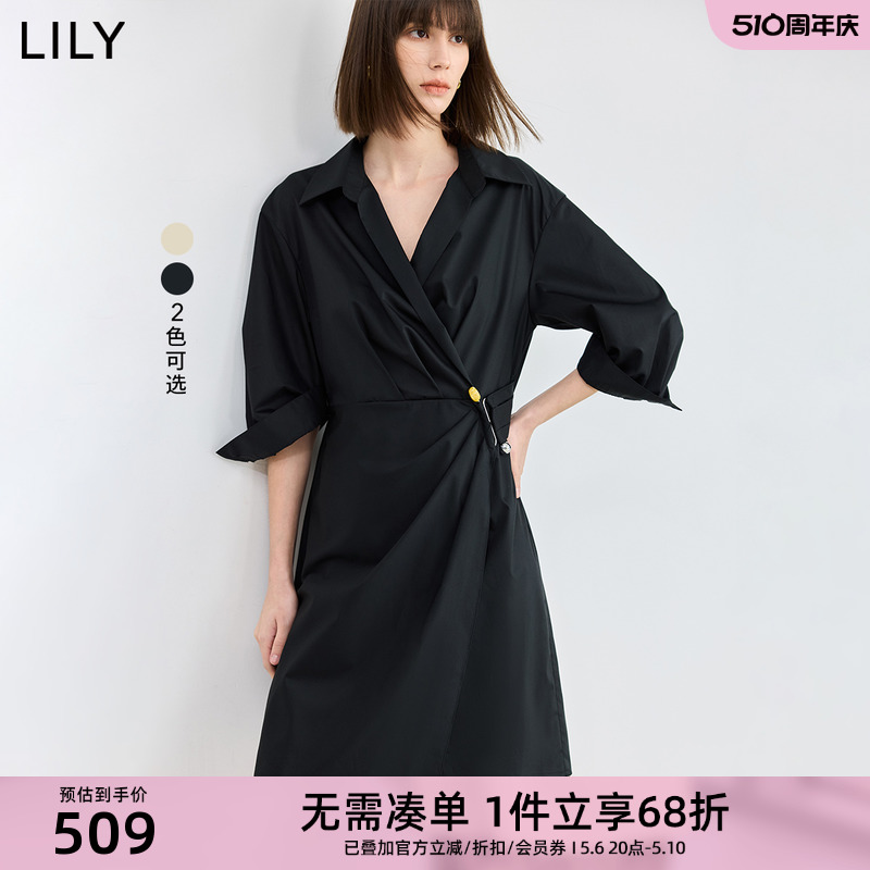 LILY2024夏新款女装气质设计感不对称腰扣中长款衬衫连衣裙小个子