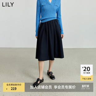 女装 LILY2025新款 极简风通勤藏青色伞裙A字半身裙 商场同款