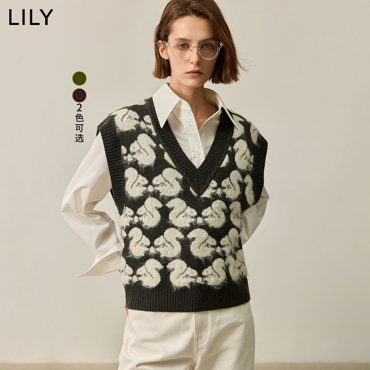 【商场同款】LILY2024冬新款女装满印松鼠百搭无袖V领针织背心女
